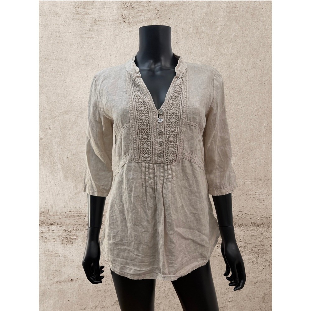 Made in Italy 100% Linen Boho Tunic‎ Top Womens Small Beige Peasant Blouse